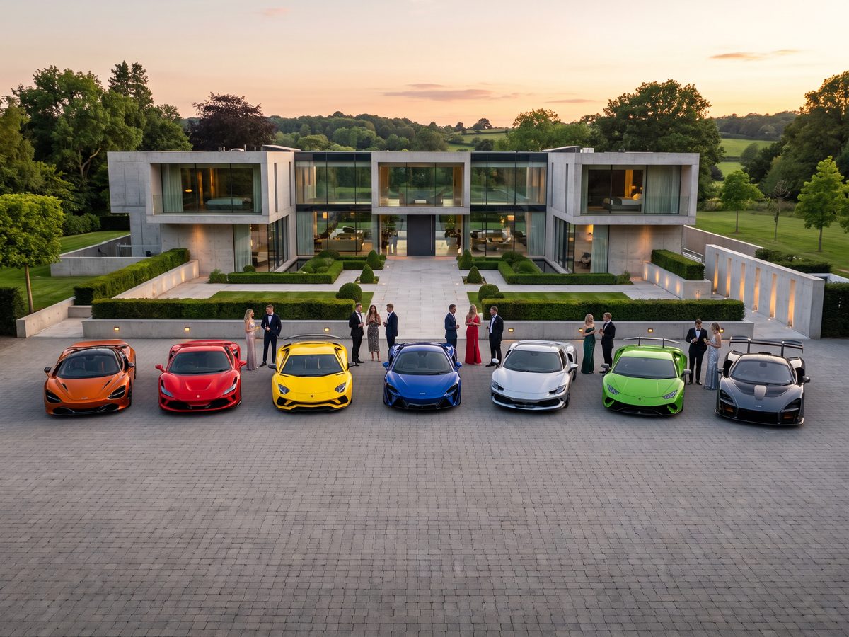 Supercars lined up on the drive of a private modern estate at dusk, guests gathered by the entrance