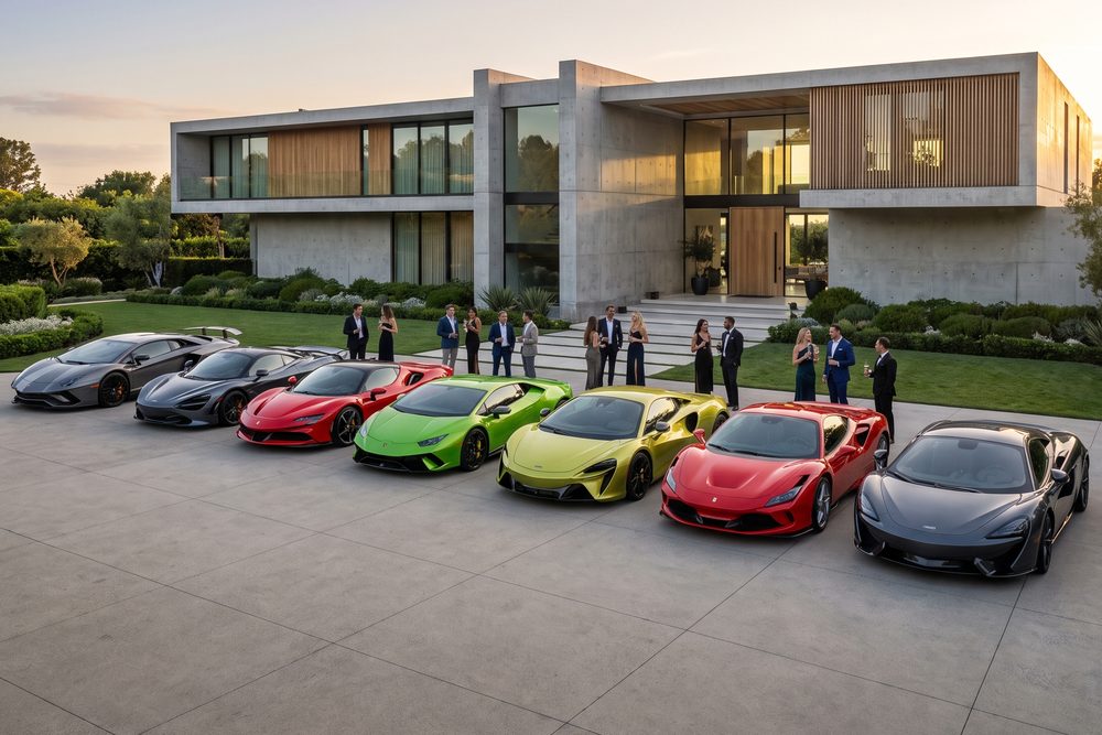 Guests arriving as supercars line the driveway at golden hour