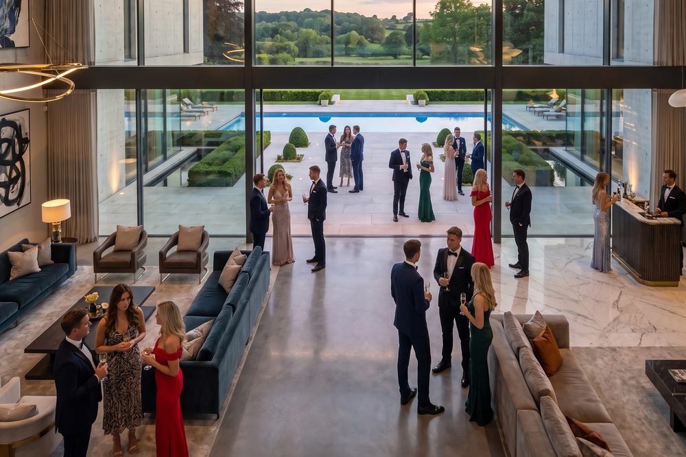 Small groups of guests in conversation inside the mansion's main room
