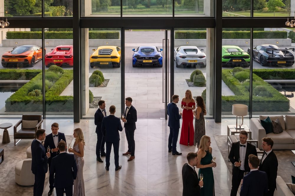 Guests gathered in the double-height atrium with the estate grounds beyond