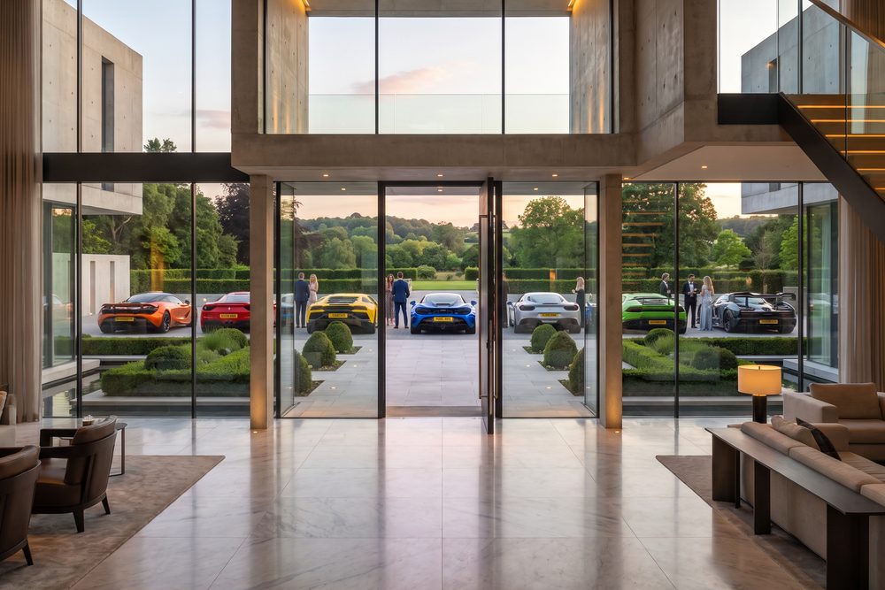 The mansion entrance at night looking out toward the parked supercars