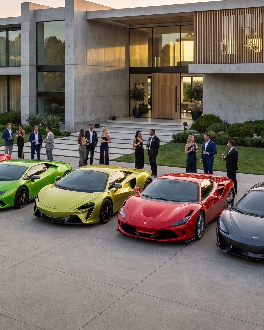 Guests and supercars on the estate drive before an event